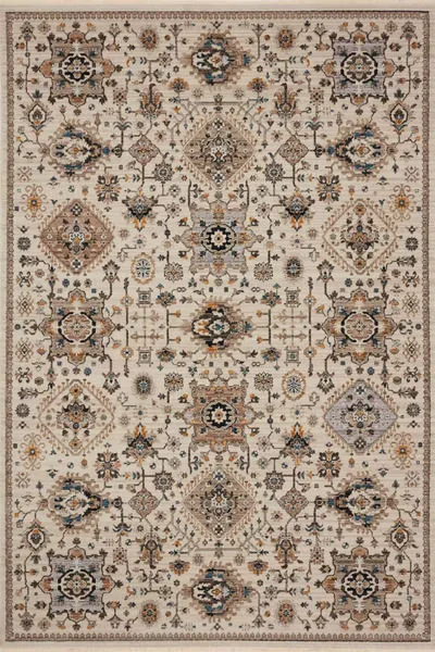 Full view of Leigh Ivory Taupe Rug showing complete bold patterned design with symmetrical layout and fringe edges
