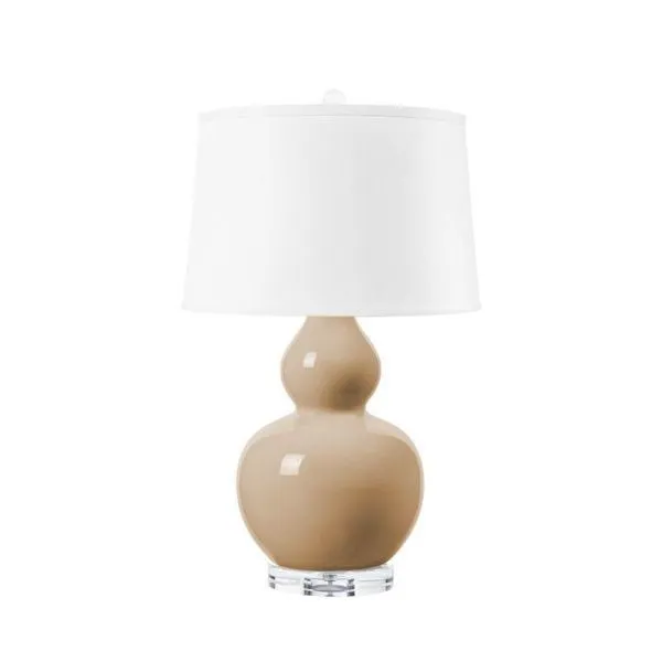 Devon Lamp with voluptuous double-gourd ceramic base in beige glaze, clear acrylic base and white drum shade