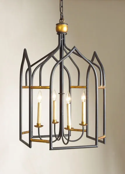 Gothic shaped pendant lantern with black frame and gilt finish, featuring four candle-style lights