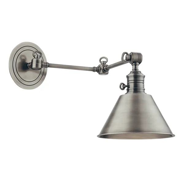 Garden City 1 Light Wall Sconce with adjustable arm, hand-rubbed metal finish, and conical shade