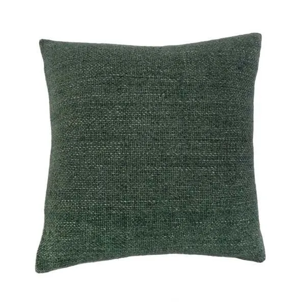 Square 20 inch handwoven accent pillow in moss green with textured heavyweight linen front and woven cotton back