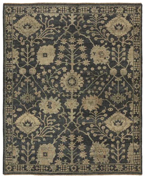 Dark gray and khaki Maeli hand-knotted traditional area rug with floral Oushak motifs and decorative border, 8 by 10 feet