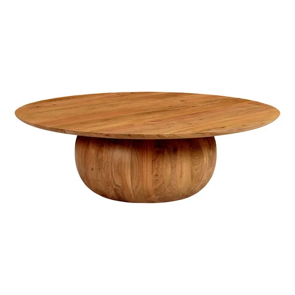 Round Bradbury Large Coffee table in solid Acacia wood with a wide flat top and a smooth rounded base in natural wood finish