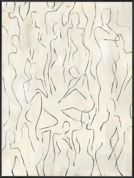 Abstract painting with fluid black lines forming minimalist human figures in continuous movement on a light beige background