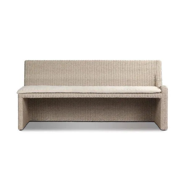 Senna outdoor dining banquette in vintage white rattan with soft fabric cushion and curved frame