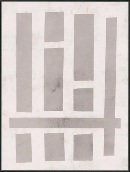 Minimalist geometric painting with vertical and horizontal neutral-toned rectangular blocks on a textured light background