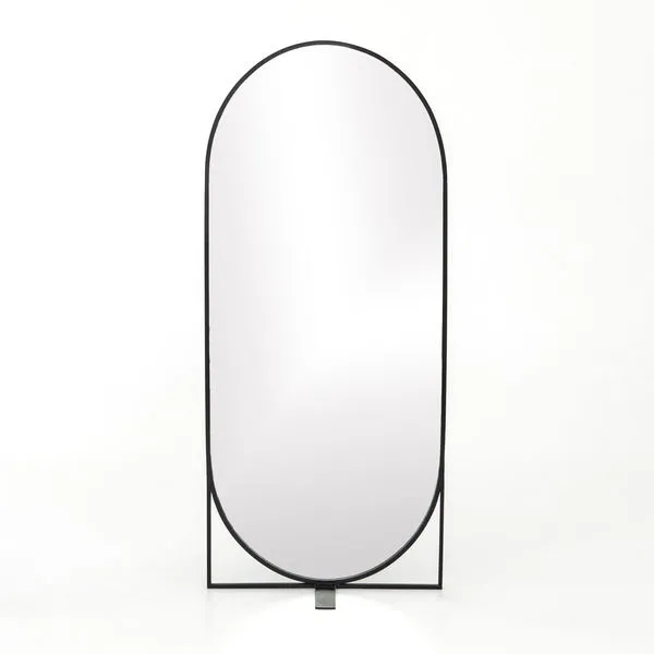Black metal framed oval floor mirror with a simple rectangular base support