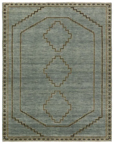 Blue and gray hand-knotted rug with geometric medallion pattern and star border in low pile wool