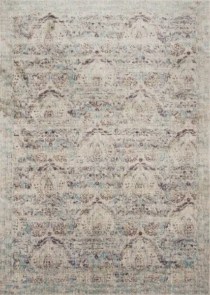Anastasia Silver / Plum traditional area rug with distressed intricate medallion and floral patterns in muted silver, plum...