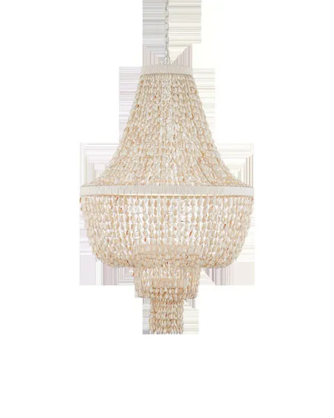 Cybele Chandelier in an empire shape with natural shell strands and pearlized white wrought iron rings wrapped in white twine