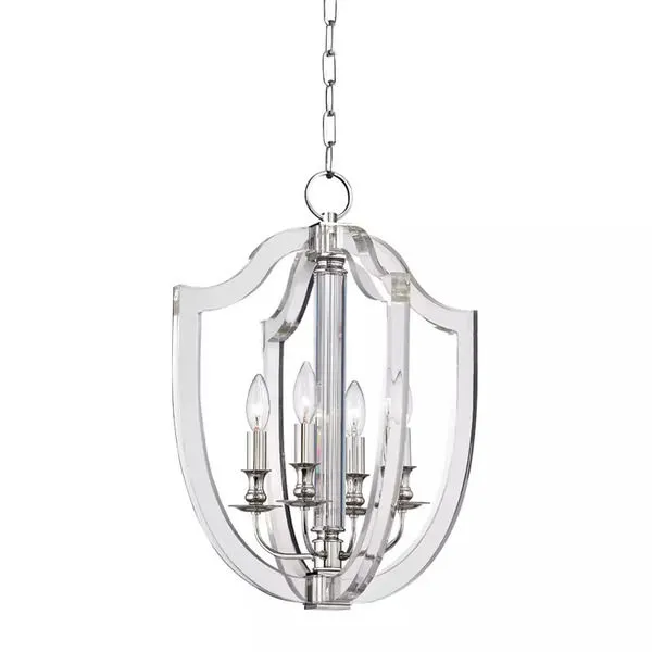 Arietta 4 Light Pendant with laser-cut acrylic crest shape, fluted crystal center column, and four metal candle-style lights