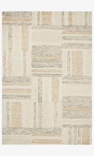 Rectangular modern rug with geometric blocks in slate, olive, and beige tones on wool pile
