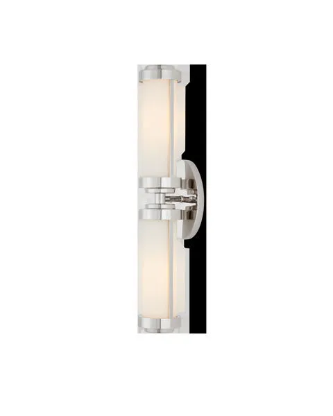 Bowland Nickel Bath Wall Sconce with hourglass shape, opaque glass tubes, and sleek nickel metal caps