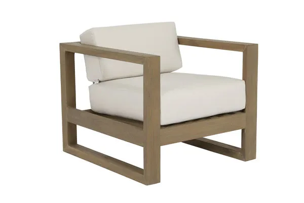 Coastal Teak Club Chair with solid teak frame in warm grey finish and off-white cushions for outdoor use