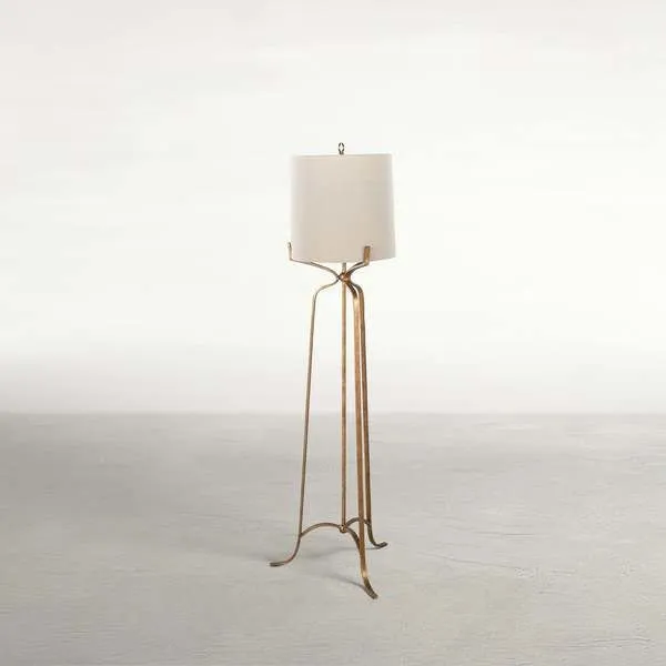 Tall floor lamp with Ashwell Gold metal tripod base and cylindrical natural fabric shade