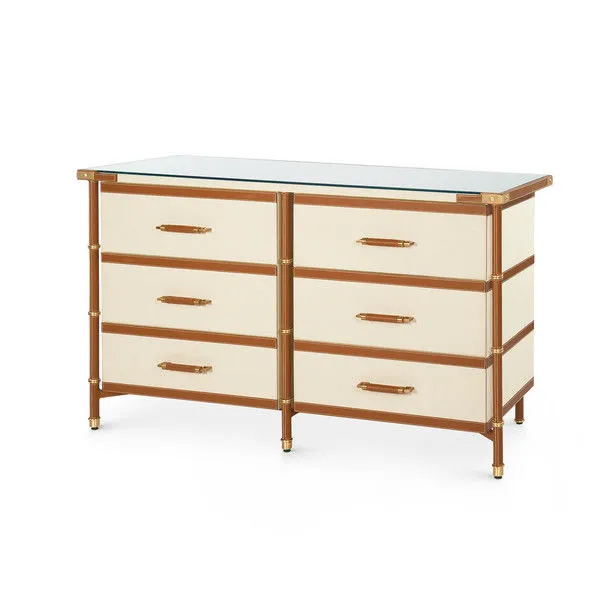 Toulon 6-drawer dresser with tan leather frames, cream canvas drawers, brushed brass hardware, and glass top
