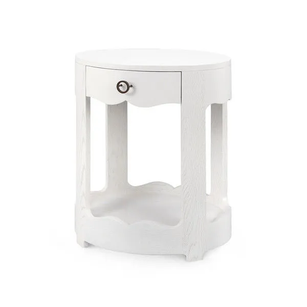 Scarlett 1-Drawer End Table in white lacquered oak with round top, scalloped edges, and round metal drawer pull