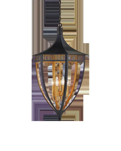 Wycombe Lantern outdoor pendant with curved wrought iron frame in satin black and gold leaf interior with four candle bulbs
