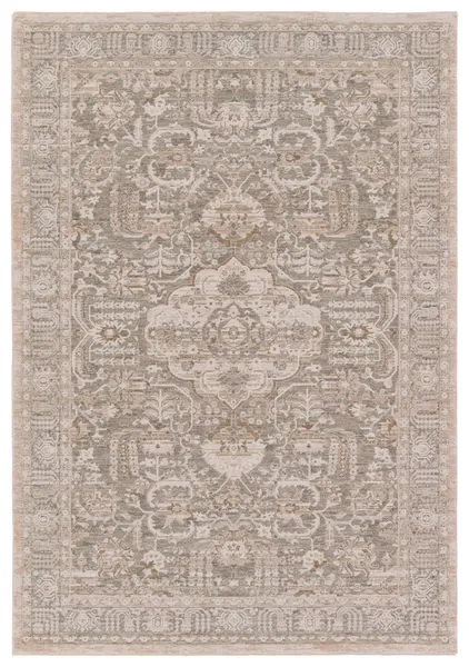 Traditional beige and gray rug with a transitional center medallion and scrolling tree of life decorative pattern