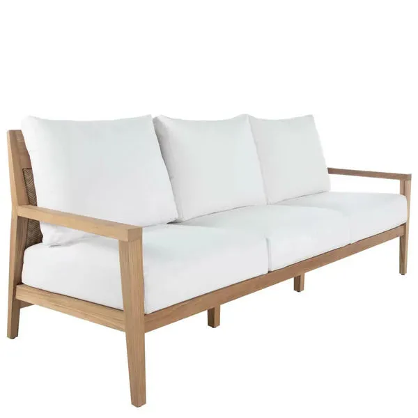 Savannah Teak Sofa with three white cushions, teak wood frame, and woven back panel, designed for outdoor use