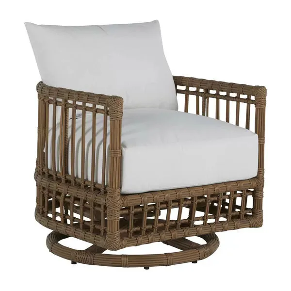 Newport Burlap Barrel Swivel Chair with brown woven rattan frame and white cushioned seat and back