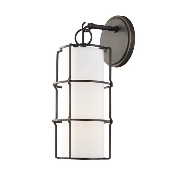 Sovereign 1 Light Wall Sconce with massive cylindrical white linen shade encased in dark metal cage frame