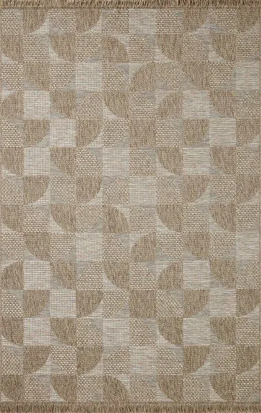 Natural beige circular patterned indoor/outdoor rug with textured woven look and fringe edges