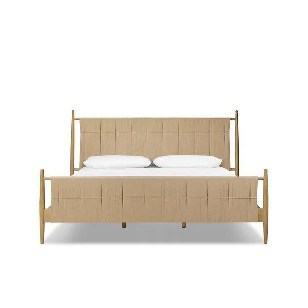 Richard Bed with natural paper cord weaving on headboard and footboard, burnished parawood frame, spindle legs with finial...