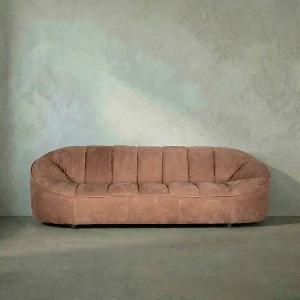 Amadeus Sofa in rich Coris brown leather with wide, rounded form and vertical stitched cushions