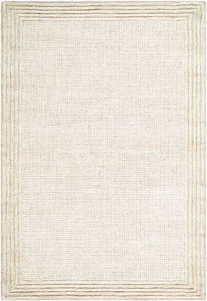 Ivory and sandstone rectangular handmade wool rug with a subtle textured border and medium pile