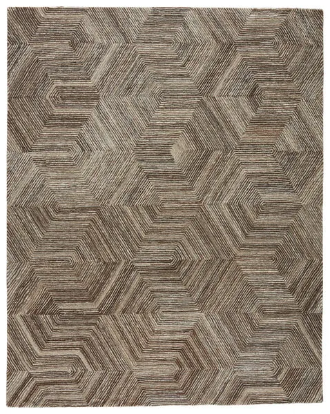 Modern handmade rug with geometric hexagonal pattern in brown and light gray tones, micro-tufted wool and viscose