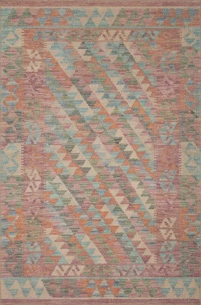 Malik Berry / Multi Rug with warm bohemian geometric patterns in soft blue, pink, and orange tones