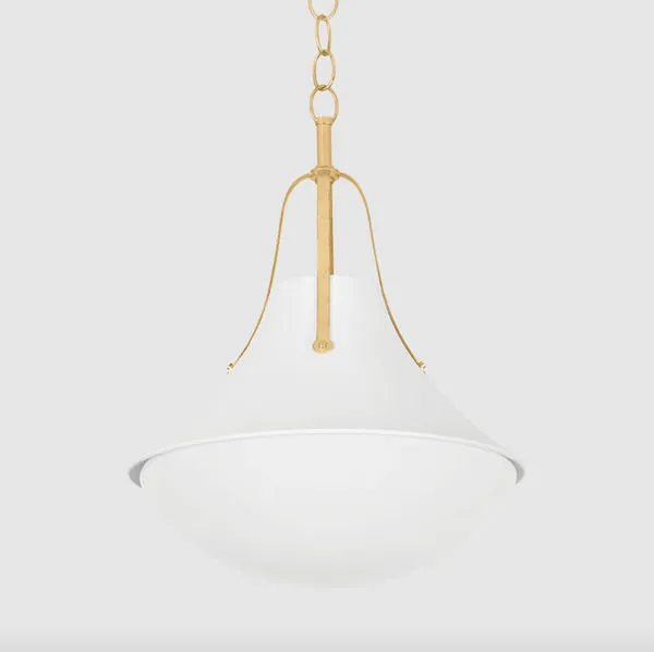Side profile of Coventry Pendant showing smooth white plaster finish shade and curved gold metal support arms