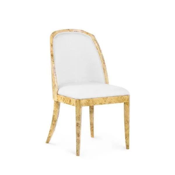 Ophelia Side Chair with luxurious burl wood frame and white upholstered seat and curved backrest