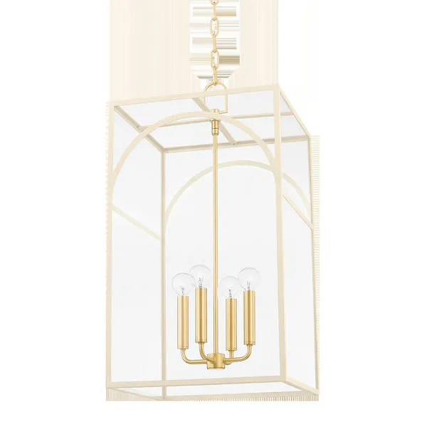 Addison 4 Light Large Pendant with brushed nickel finish and four exposed bulbs inside clear glass rectangular frame