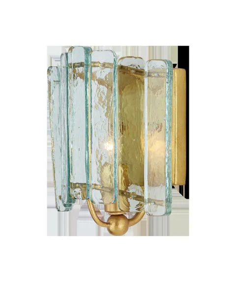 Duvernell Wall Sconce with textured recycled glass panels and contemporary gold leaf wrought iron frame