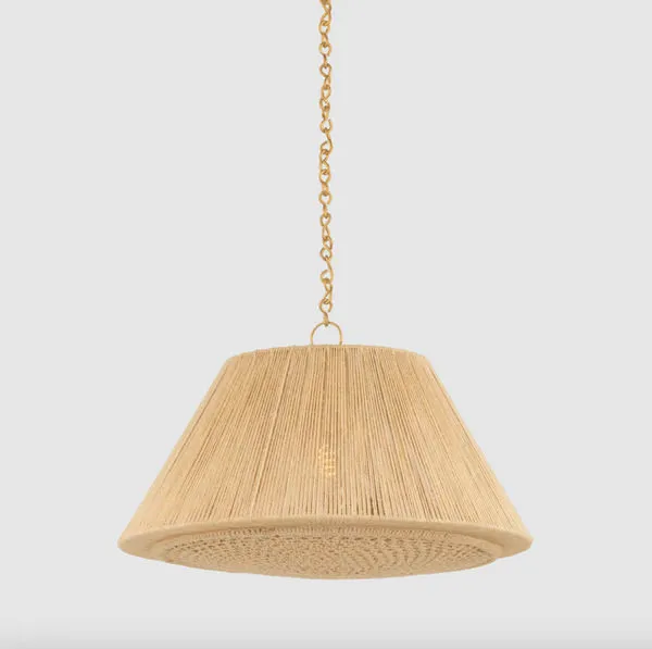 Mystic Pendant with natural dyed jute fibers, vertical string sides, and decorative crochet bottom, hanging from gold chain