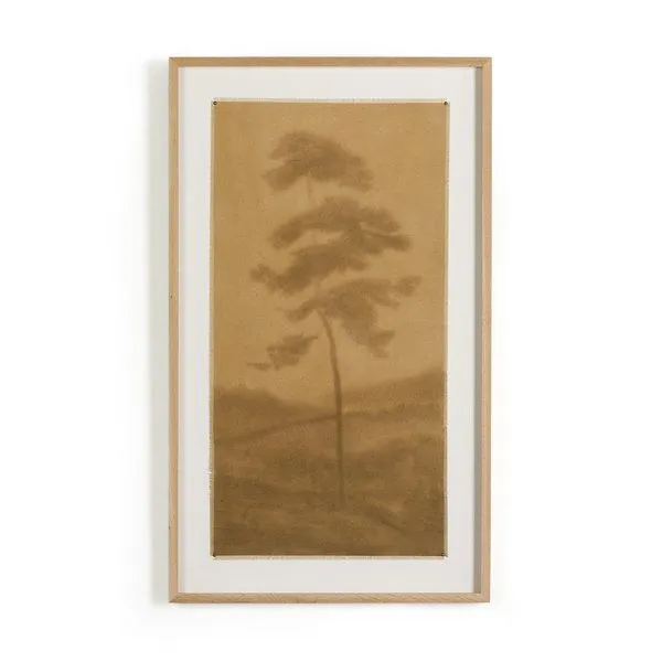 Vertical grain painting titled Towering featuring a soft brown tree silhouette on beige canvas in white oak frame