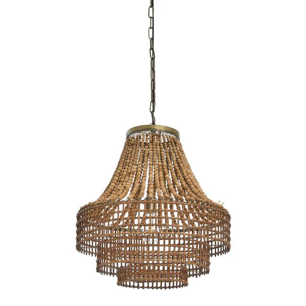 Valencia Beaded Chandelier with dark wood beads and rattan details on a metal frame hanging from chain