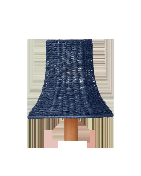 Bell Indigo chandelier shade in woven indigo blue with flared bell shape and natural wood base