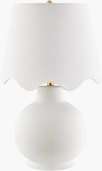 Stella Dimiuta white accent table lamp with textured round ceramic base and white scalloped fabric shade topped with brass...
