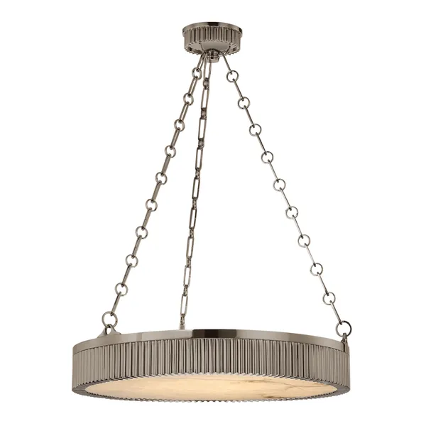 Lynden 5 Light Pendant with alabaster diffuser and Art Deco style metal disc suspended by decorative chains from canopy