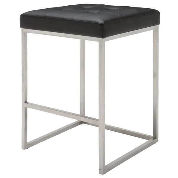Chi Counter Stool with tufted black leather seat and stainless steel minimalist square frame