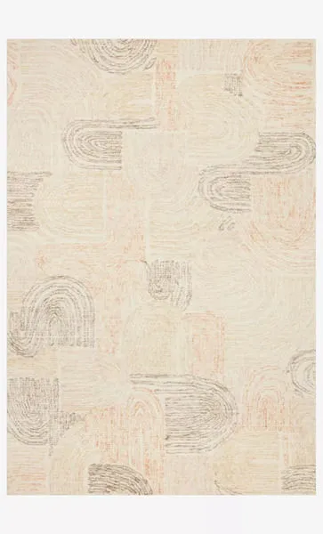 Modern hand-tufted wool rug with playful peach and pebble geometric arches and lines on a soft cream background