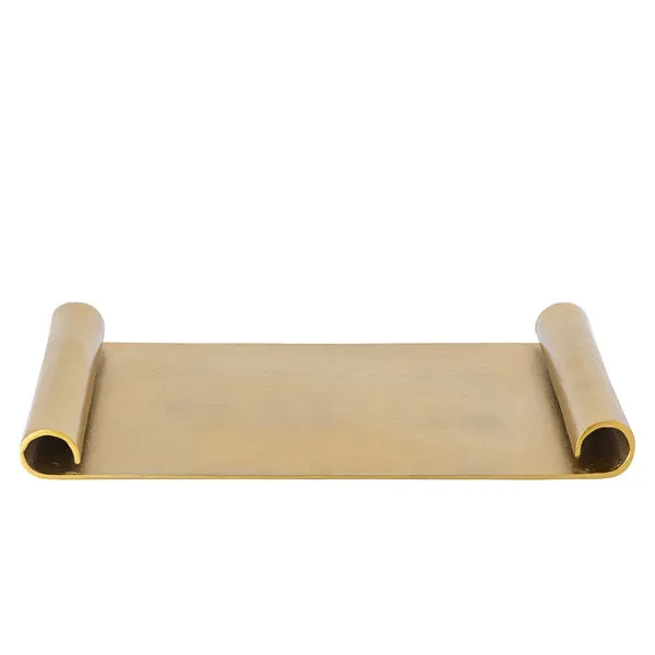 Rectangular aluminium tray with curled scroll edges in raw brass antique finish with subtle aged texture