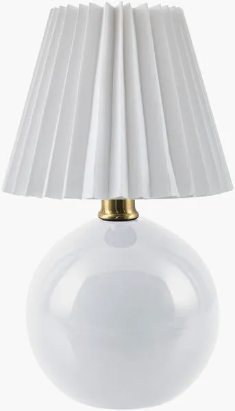 Ferez accent table lamp with glossy white round ceramic base and pleated white linen shade with brass neck