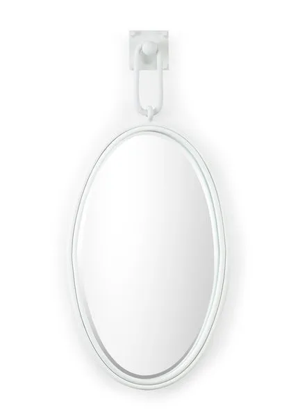 Large oval white iron frame mirror with beveled edge hanging from square wall hook