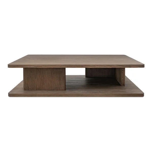 Casey Coffee Table in dark oak with solid wood, low rectangular shape and bullnose-edged pillar base