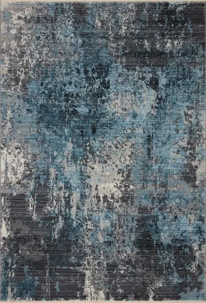 Top-down view showing full distressed abstract pattern in charcoal, blue, and cream shades