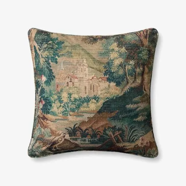 Square 22x22 inch tapestry-style pillow with serene green forest and architectural landscape design
